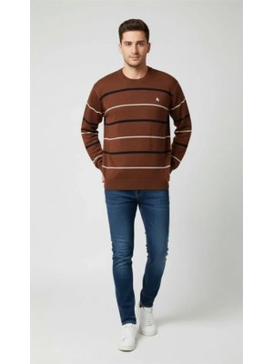 Erkek Bisiklet Yaka Cizgili Triko Kazak Yumuşak Dokulu Pamuklu Ince Dokuma, Uzun Kollu Rahat Regular Kalıp - Kahverengi