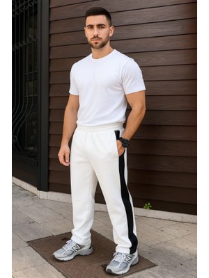 Erkek Üç Iplik Kışlık Pamuklu Yandan Garneli Kalın Şeritli Cepli Eşofman Altı - Beyaz
