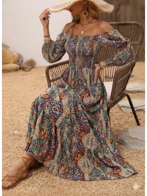 Kadın Düşük Omuzlu Beli Büzgülü Dijital Desenli Kesik Elyaf Süprem Uzun Elbise