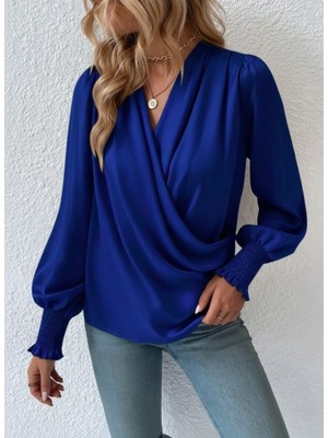 Kadın Uzun Kollu Dökümlü Kruvaze Yaka Kol Ucu Gipeli Sandy Lacivert Bluz