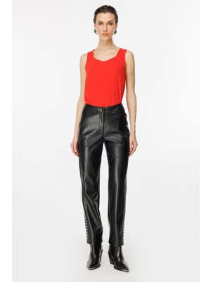 Ekol Kadın Deri Look Midi Pantolon - Minimalist Günlük Stil - Metalik Detaylar