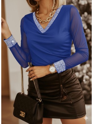 Kadın Uzun Kollu V Yaka Kollar Tül Yaka ve Kol Ağzı Payet Detay Viskon Bluz