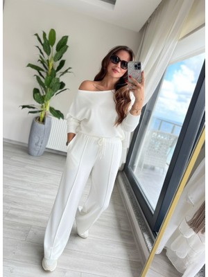 Kadın Uzun Kollu Tek Omuzdan Açık Dalgıç Bluz ve Pantolon Ikili Takım