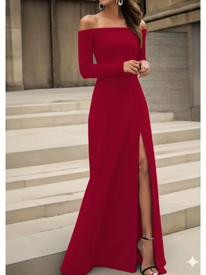 Kadın Uzun Kollu Madonna Yakalı Yırtmaç Detaylı Uzun Ithal Krep Elbise