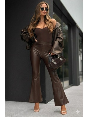 Kadın Yüksek Bel Ispanyol Paçalı Deri Pantolon