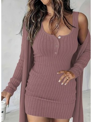 Kadın Askılı Yuvarlak Yakalı Önü Düğmeli Şardonlu Kaşkorse Mini Elbise ve Kısa Ceket