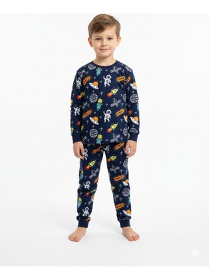 Erkek Çocuk %100 Pamuk Uzay Desenli Pijama Takımı - Pamuklu Rahat Kışlık Takım