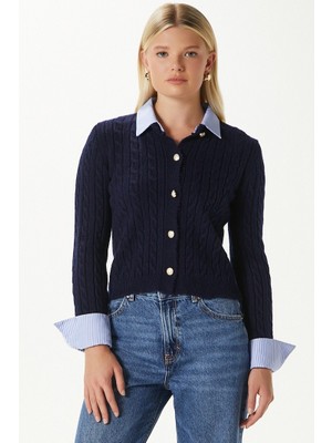 Ritnice  Rhodes Gömlek Yaka Kol Detaylı Lacivert Triko Hırka