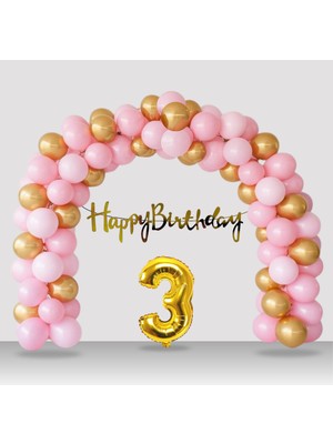 Tedaks Retro Gold Pembe Balon Happy Birthday Banner Gold Rakam Doğum Günü Süsleme