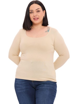 Disentis Modest Büyük Beden U Yaka Uzun Kollu Viskon Bej Rengi Body