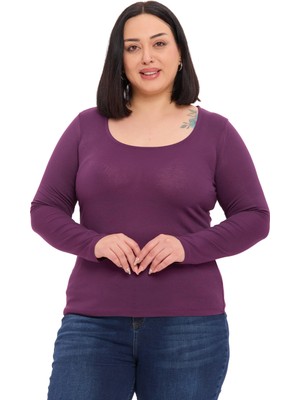 Disentis Modest Büyük Beden U Yaka Uzun Kollu Viskon Mürdüm Body