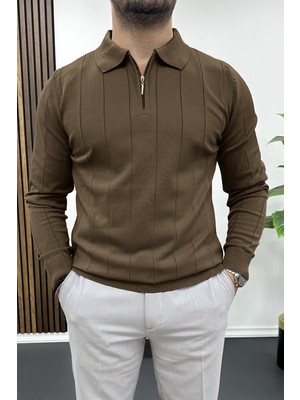 Edwox Erkek Yarım Fermuarlı Polo Yaka Mevsimlik Kazak Açık Kahverengi EDW195