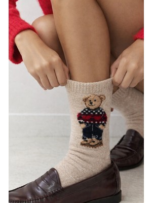 Katia & Bony Kadın Teddy Desenli Yün Soket Çorap Bej