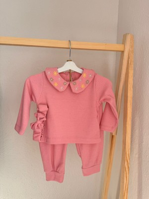 Kız Bebek Nakışlı Yaka Alt Üst Takım – Pembe