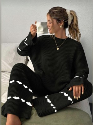 Rengamoda Kadın Kalp Desenli Kazak Pantolon Ikili Triko Takım