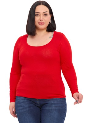 Disentis Modest Büyük Beden U Yaka Uzun Kollu Viskon Kırmızı Body