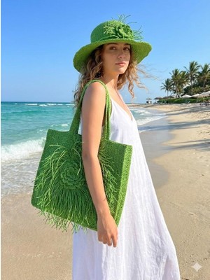 Afri Özel Tasarım El Örgüsü Yeşil Rengi Kağıt Ip Çanta ve Şapka Seti - Püsküllü 3D Çiçekli Bohem Plaj Kombini