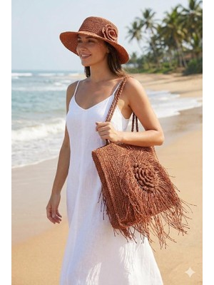 Afri Özel Tasarım El Örgüsü Kiremit Rengi Kağıt Ip Çanta ve Şapka Seti - Püsküllü 3D Çiçekli Bohem Plaj Kombini