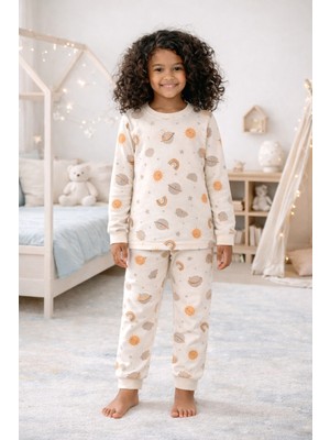 Çocuk Gezegen Desenli Pijama Takımı Ekru