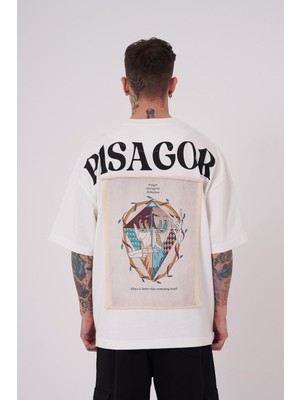 Machinist Erkek Premium Pisagor Basklı Oversize Tişört Ekru