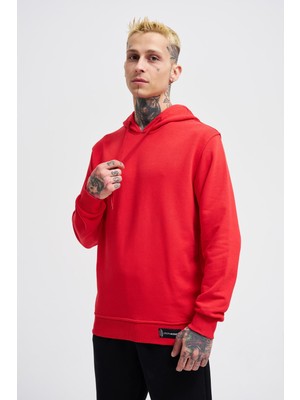 Machinist Erkek Regular Şardonsuz Kapüşonlu Sweatshirt Kırmızı