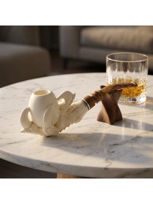 Goldenlight Meerschaum El Oyma Lületaşı Pipo | Kartal Pençesinde Yumurta Figürü | Akrilik Ağızlık | 16,8 cm