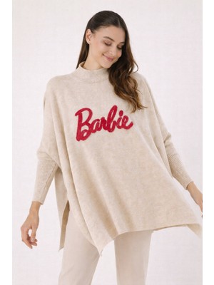 Kadın Krem Yırtmaçlı Barbie Triko Panço - BP0001