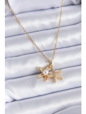 Stainless Steel 316L Çelik Gold Renk Zincir Zirkon Taşlı Açılır Deniz Yıldızı Incili Kadın Kolye