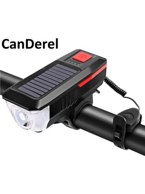 Canderel Güneş Enerjili Bisiklet Işığı Lambası Bisiklet Kornası Su Geçirmez Solar USB Şarj Ön Feneri