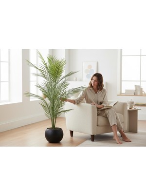Erhan Flowers Yapay Areka Ağacı Palmiye Ağacı Salon Bitkisi Yapay Areka 130 cm 20 Yaprak Antrasit Küre Saksı