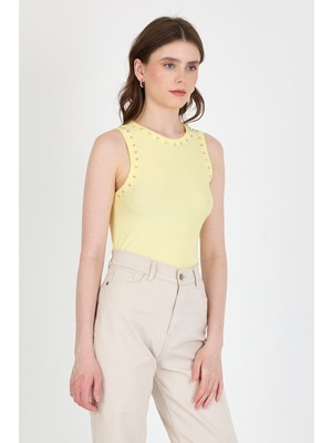 Rays Sarı Yaka ve Omuz Taş Detaylı Ribanalı Örme Atlet 1249