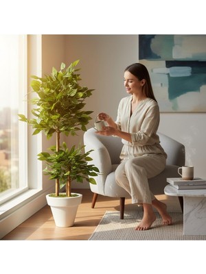 Erhan Flowers Yapay Çiçek Beyaz Saksıda Benjamin Salon Balkon Ev Ağacı Yeşil Bitkisi Bambu Gövdeli Dolgun