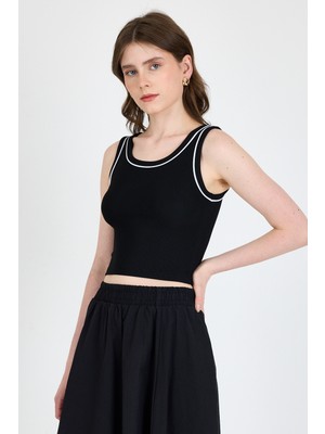 Rays Siyah Şerit Detaylı Örme Crop Atlet 1049