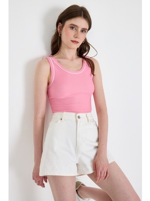 Rays Pembe Şerit Detaylı Örme Crop Atlet 1049