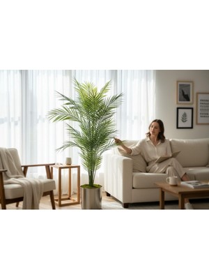 Erhan Flowers Yapay Areka Ağacı Palmiye Ağacı Salon Bitkisi Yapay Areka 130 cm 20 Yaprak Metal Gümüş Saksı