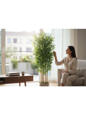 Erhan Flowers Yapay Bambu Ağaç 160 cm 6 Dallı Yogun Yaprak Metal Gümüş Saksı