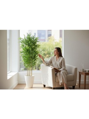 Erhan Flowers Yapay Bambu Ağaç 200 cm 6 Dallı Yogun Yaprak Lilyum Beyaz Saksı