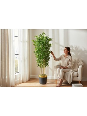 Erhan Flowers Yapay Bambu Ağaç 200 cm 6 Dallı Yogun Yaprak Siyah Gold Saksı