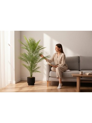 Erhan Flowers Yapay Areka Ağacı Palmiye Ağacı Salon Bitkisi Yapay Areka 130 cm 20 Yaprak Siyah Vega Saksı