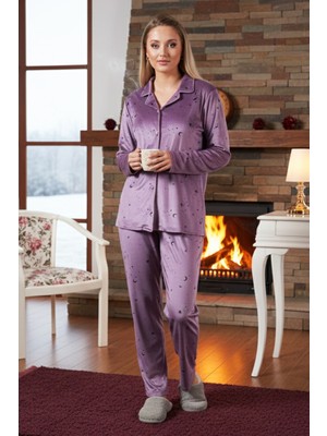 Remsa Kadın Önü Düğmeli Kadife Pijama Takımı 25362 Lila
