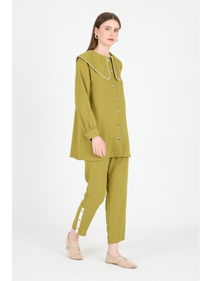 Rays Yağ Yeşili Bebe Yaka Düğmeli Tunik ve Yanı Şerit Detaylı Pantolon Takım 4661A