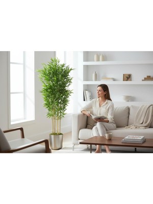 Erhan Flowers Yapay Bambu Ağaç 200 cm 6 Dallı Yogun Yaprak Metal Gümüş Saksı