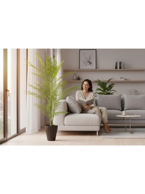 Erhan Flowers Yapay Areka Ağacı Palmiye Ağacı Salon Bitkisi Yapay Areka 130 cm 20 Yaprak Siyah Lilyum Saksı