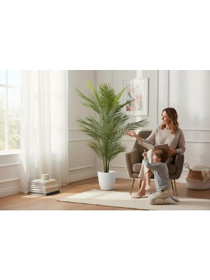 Erhan Flowers Yapay Areka Ağacı Palmiye Ağacı Salon Bitkisi Yapay Areka 130 cm 20 Yaprak Beyaz Lilyum Saksı