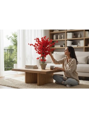 Erhan Flowers 110 cm Kırmızı Bahar Dalı Beyaz Plastik Saksıda