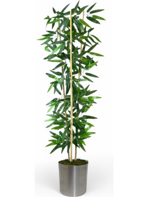 Dekoratif Yapay Yapraklı 3 Gövde Bambu Ağacı 110 cm Bambu Metal Saksı