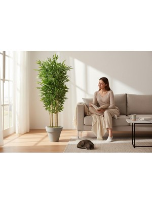 Erhan Flowers Yapay Bambu Ağaç 150 cm 6 Dallı Yogun Yaprak Beyaz Plastik Saksı