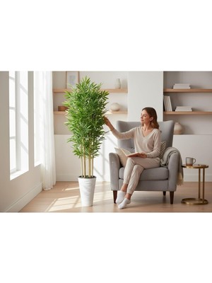 Erhan Flowers Yapay Bambu Ağaç 200 cm 6 Dallı Yogun Yaprak Kumsal Beyaz Saksı