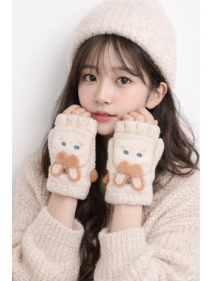 Gigi Giyim Tavşan Desenli Kapaklı Kız Çocuk Peluş Parmaksız Eldiven