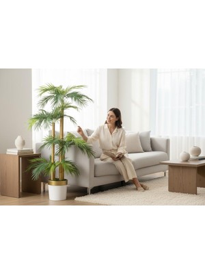 Erhan Flowers Yapay Palmiye Ağacı Bambu 4 Gövdeli 36 Yaprak 145 cm Beyaz Gold Saksılı